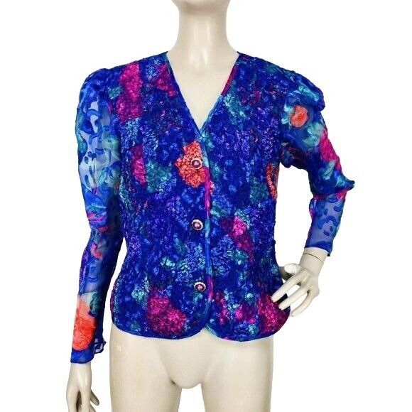 VTG 90s Patra Colorful Chiffon Puff Sleeve Floral Popcorn Buttoned Blouse Jacket - Picture 2 of 10